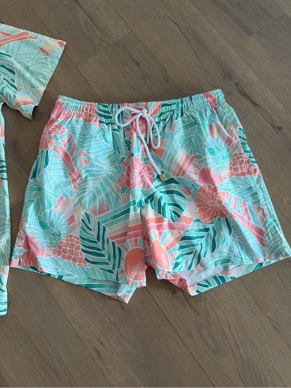 Kenny Flowers “The Hawaii” Mint & Coral Tropical Swim Trunks 4.5” inseam